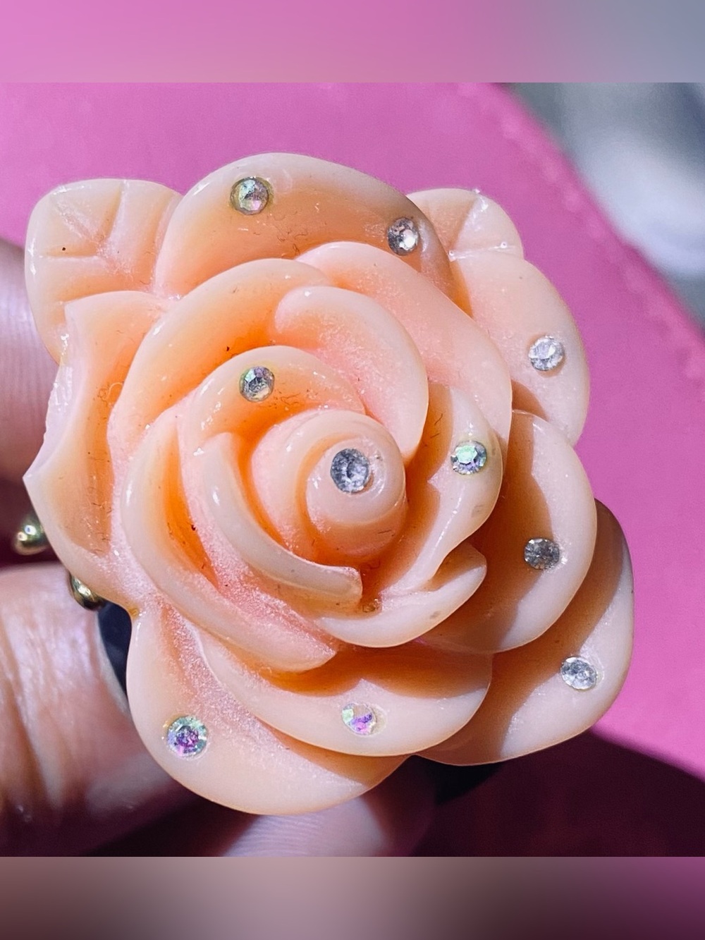 Vintage Dollhouse Collection Betsey Johnson Peach Rose Ring with Crystal Accents